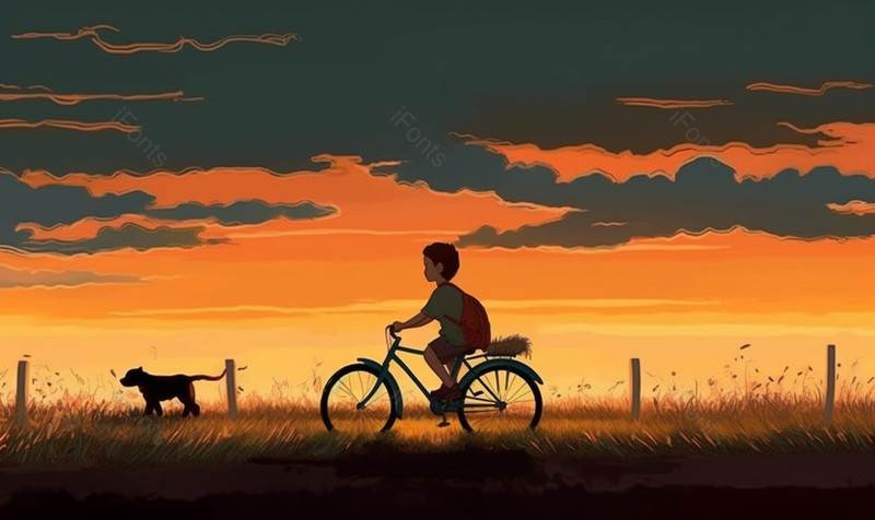 乡村夕阳下骑自行车的卡通男孩手绘插画背景图,插画/手绘图,插画/手绘图库,插画/手绘图下载,插画/手绘